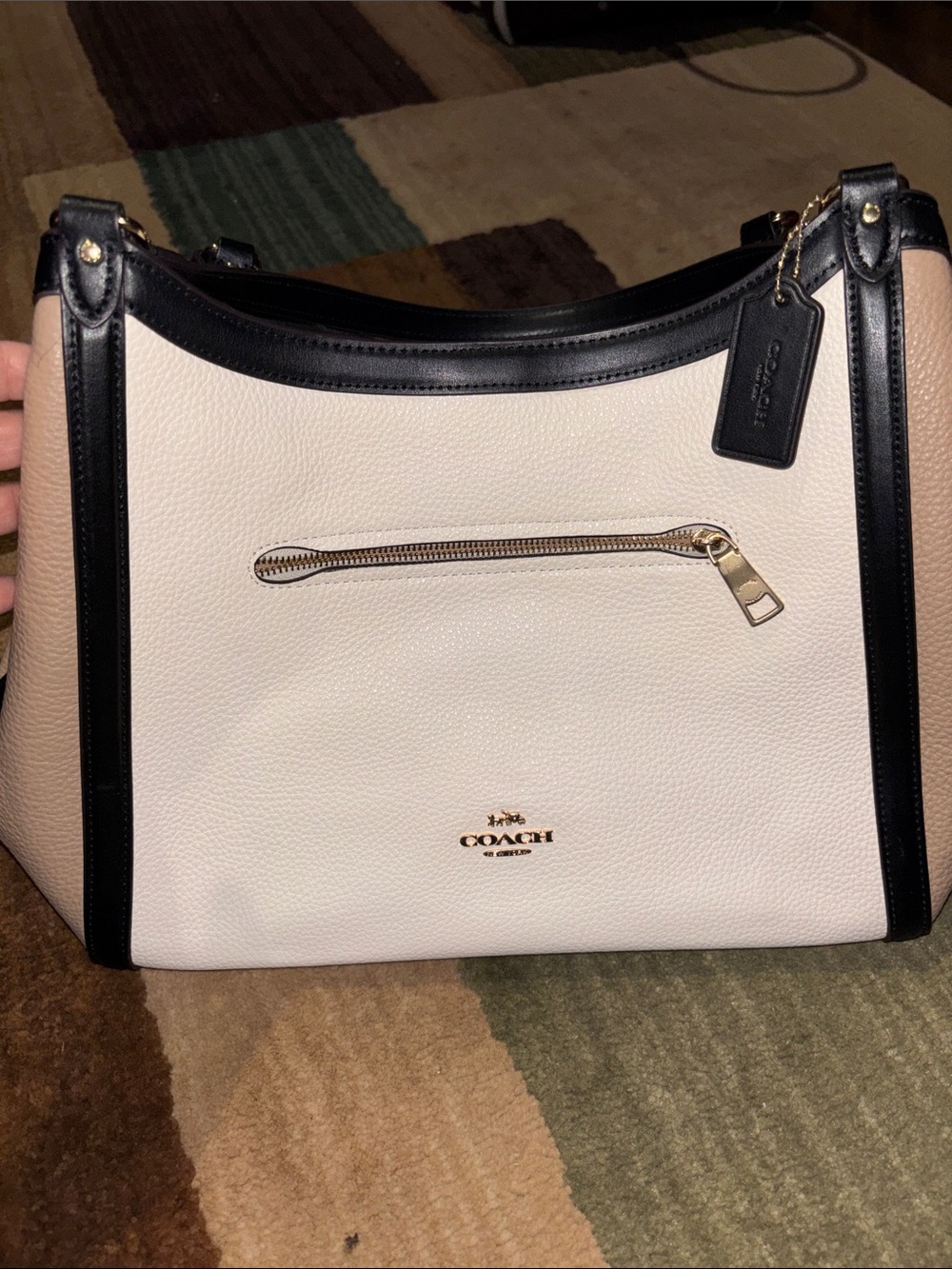 Coach Cream and Black Leather Shoulder Bag with Gold Hardware
